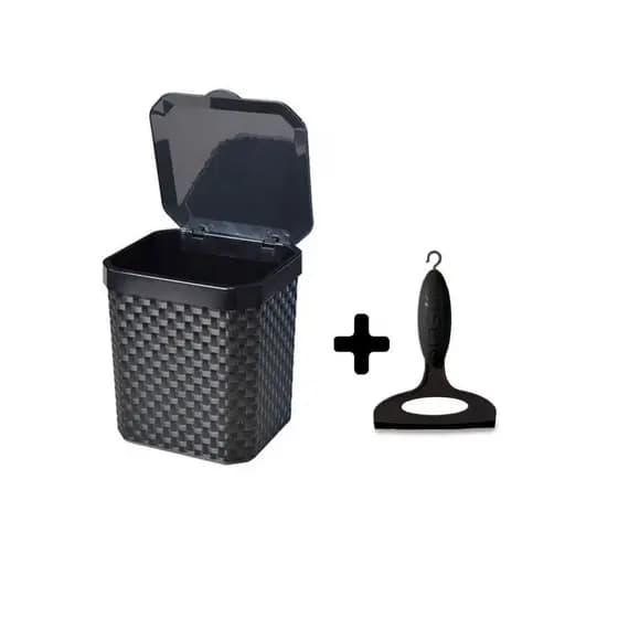 Kit Lixeira 5 Litros Rattan  Com Rodinho de Secar Pia PRETO
