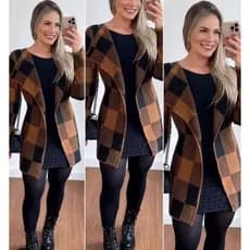 Cardigan Feminino Xadrez Tricot Tricô Cor Marrom