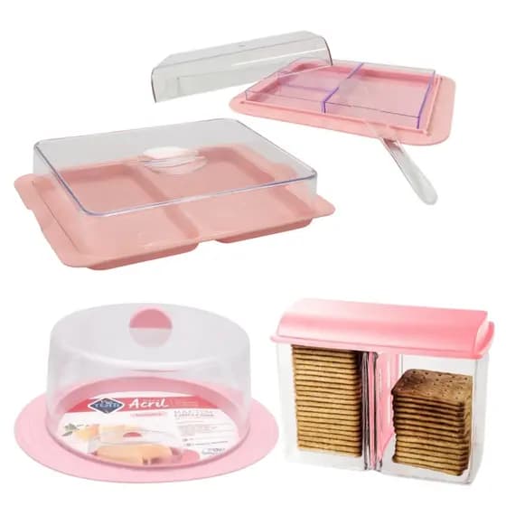 Kit Premium Rosa ou Preto Porta Queijo Queijeira + Porta Biscoito + Porta Frios e Porta Patê