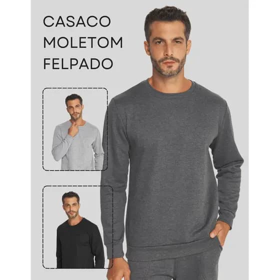 Kit 3 Casaco Blusa Moletom Felpado Masculino Gola Redonda Careca Blusa de Frio Flanelado Algodão