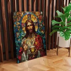 Quadro Decor Jesus Vitral em Canvas tela de quadro com borda infinita e madeira tratada 100cm x 80cm em alta definição