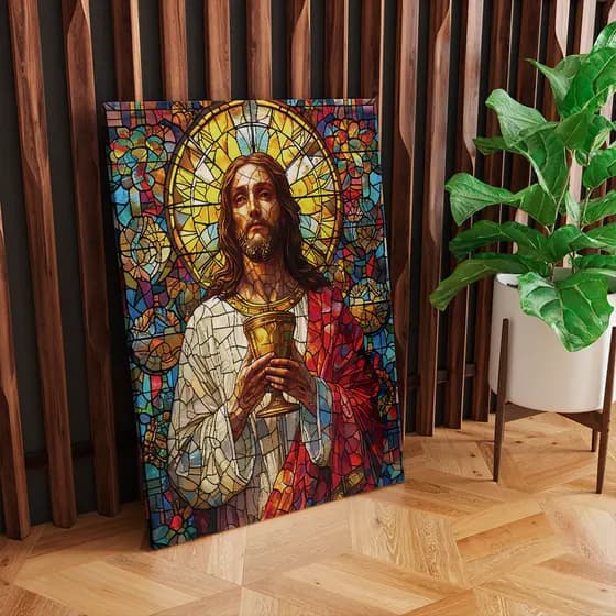 Quadro Decor Jesus Vitral em Canvas tela de quadro com borda infinita e madeira tratada 100cm x 80cm cod 02