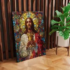 Quadro Decor Jesus Vitral em Canvas tela de quadro com borda infinita e madeira tratada 100cm x 80cm cod 02