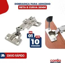 Dobradiça 26mm Reta para Porta de Armário – Cozinha, Banheiro e Móveis – 1 até 10 Unidades