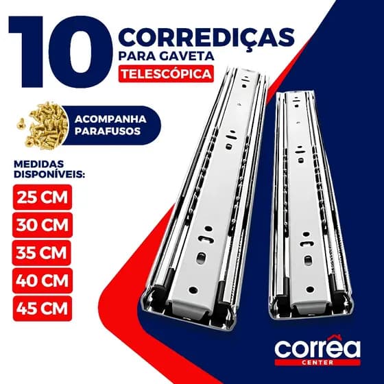 Corrediça Telescópica Light Reforçada Trilho Gaveta Aço 25 30 35 40 45cm 10 Unidades Armário Cozinha