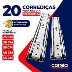 Corrediça Telescópica Light Reforçada Trilho Gaveta Aço 25 30 35 40 45cm 20 Unidades Armário Cozinha