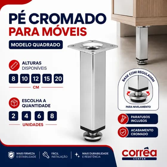 Pé Quadrado para Móveis Armário Rack Gabinete Balcão Aço Cromado Regulável 8 10 12 15 20cm