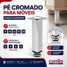 Pé Quadrado para Móveis Armário Rack Gabinete Balcão Aço Cromado Regulável 8 10 12 15 20cm