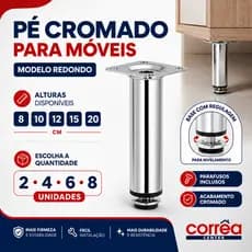 Pé Redondo para Móveis Armário Rack Gabinete Balcão Aço Cromado Regulável 8 10 12 15 20cm