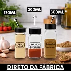 Porta Tempero 120ml 200ml 300ml Kit Potes de Tempero Organizador com Tampa Dosadora + 20 Adesivos
