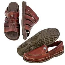 Kit com 2 pares Chinelo Sandália e Sapatilha Mocassim de Couro Legitimo Leve Ortopédico Diabéticos