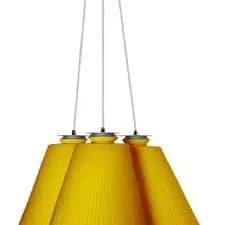 luminária pendente triplex em aço e vidro  prismático nas cores amarelo opalino e ciano opalino
