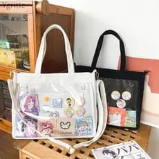 【 À Venda 】 ita Saco tote Para Mulheres Com Zíper Estático Transparente De Lingas Ombro Dor Harajuku Girl JK Uniform Large
