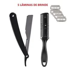 Kit Navalha de Gaveta + Pente Navalha Desfiadeira | Profissional Barbeiro Aço Navalhete de Gaveta