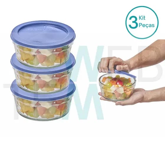 Kit 3 Potes Tigela de Vidro com Tampa Plástica Laguna 750ml Vitazza:Para Servir, Armazenar Alimentos, Organização de Cozinha e Geladeira, Opção Sustentável