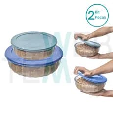 Kit 2 Potes Tigela Saladeira Vidro Tampa Plástica Oceani 1,5L e 3,8L Vitazza Servir Sustentável