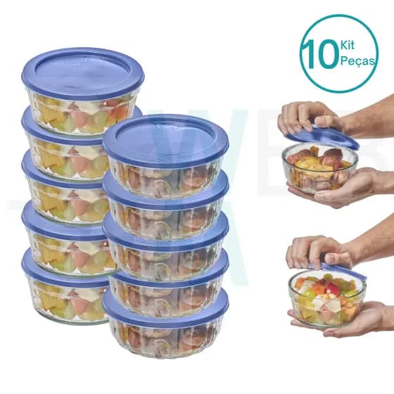 Kit 10 Potes Tigela de Vidro com Tampa Plástica Laguna 750ml e Oceani 600ml Vitazza:Para Servir, Armazenar Alimentos, Organização de Cozinha e Geladeira, Opção Sustentável