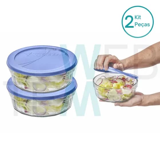 Kit 2 Potes Tigela de Vidro com Tampa Plástica Laguna 1,5 Litros Vitazza: Para Servir Alimentos