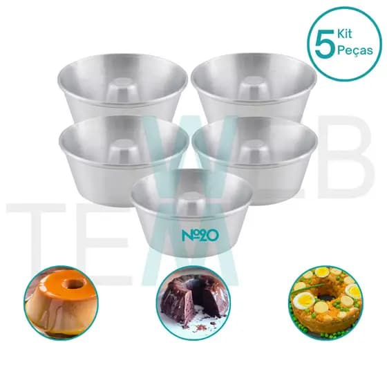 Kit 5 Formas de Pudim 8x20cm de Alumínio Sustentável para Bolos com Furo, Cuscuz,  Pudim, Manjar, Brigadeirão e Sobremesas, Cozimento Uniforme, Fácil Limpeza e Durabilidade, Ideal para Cozinhas Residenciais e Profissionais
