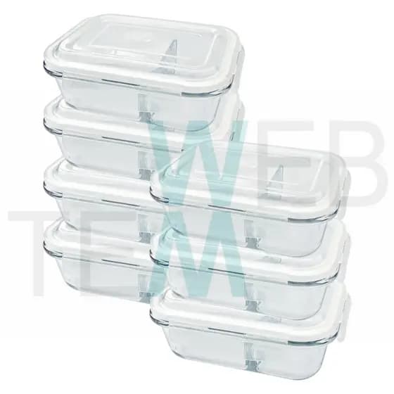 Kit 7 Potes Hermético Marmita de Vidro Retangular Com Divisória 1010ml Tampa BPA Free: Organização, Sustentabilidade e Praticidade para sua Cozinha e Frescor para Alimentos