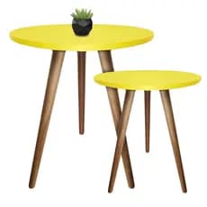 Kit 2 Mesas de Canto e Apoio Redondas para Sala - Lateral Retrô com Pé Palito Amarelo