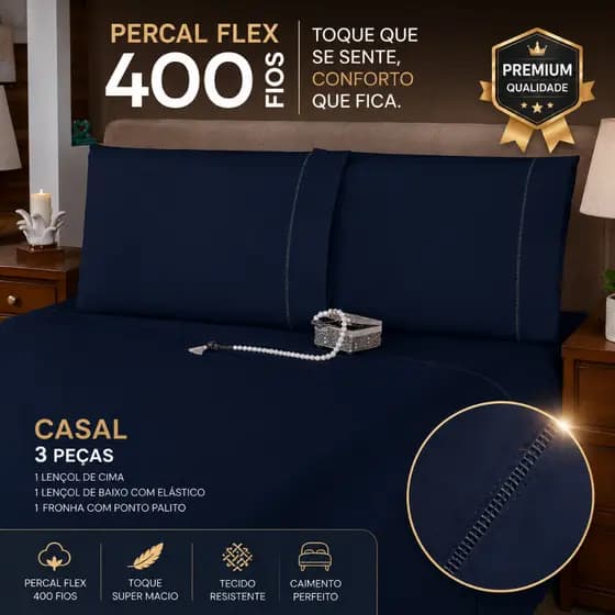 Jogo de Lençol Casal 3 Peças Micro Percal 400 Fios Premium com Elástico Toque Sedoso Macio Hotel Luxo Conforto