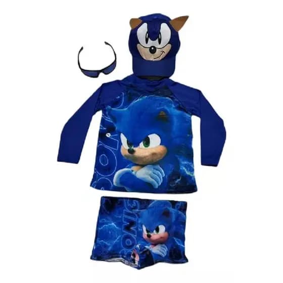 Conjunto Praia menino Sonic com acessórios chapéu e óculos envio já .