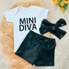 Conjunto Roupa Bebê Menina Body shorts Faixa Algodão Moda Mini Diva infantil Conjuntinho Roupinha