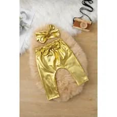 Calça Cirrê Baby Diva Saruel Dourada Faixinha de Cabelo Linda Réveillon Festas Roupinha Moda Baby