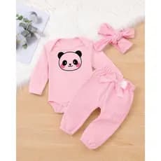 Conjuntinho conjunto bebe menina com faixa cabelo panda calça frufru algodão PMG inverno frio roupa