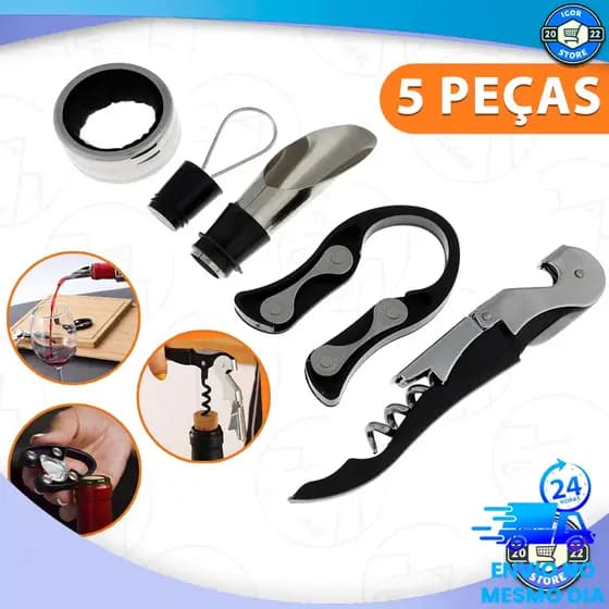 Kit Abridor De Vinho 5 Peças Com Saca Rolha Dosador Corta Lacre Aço Inox Envio Imediato