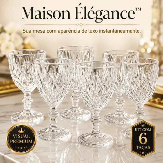 Conjunto 6 Taças de Vidro 340ml Maison Cristalle™ Taças Elegantes para Água Vinho Suco e Drinks