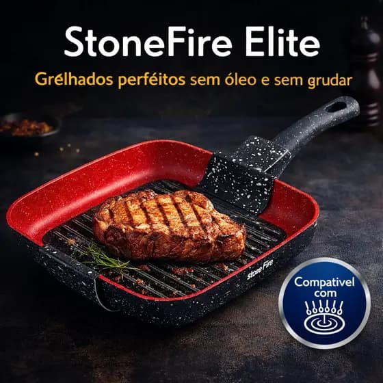 Frigideira Grill Quadrada 24cm Antiaderente Indução Casa Cozinha Resistente Durável StoneFire Elite