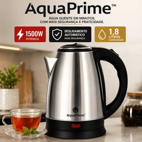 Chaleira Elétrica Inox 1,8L 1500W Desligamento Automático Aquecimento Rápido 220V AquaPrime™