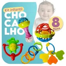 Kit 8 Chocalhos e Mordedores Coloridos Educativas Sensoriais para Bebês Desenvolve Coordenação Motora - Envio Imediato