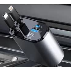 Carregador Retrátil para Carro 4 em 1 TURBO com Luz LED 180° Ajustável e Cabo Flexível para iPhone Android