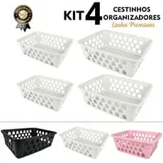 Cesto Cestinho Organizador Kit 4 Pc P/M Para Lavanderia, Cozinha, Quarto, Banheiro, Sala, Escritório