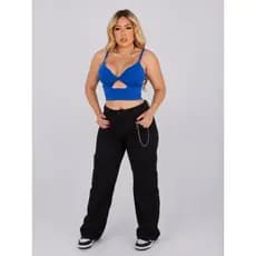 Cropped Feminino Nó Frontal Canelado com Bojo Alça Fina Top Moda Casual