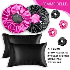 Kit Cetim Antifrizz 2 toucas dupla face regulável + 2 fronhas + 2 xuxinhas scrunchies