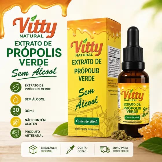Extrato de Própolis Verde Sem Álcool 30 ml Vitty Natural com Conta-Gotas