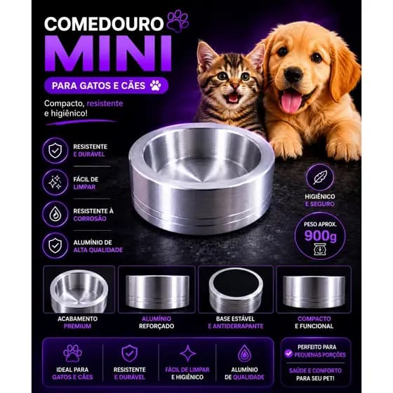 Comedouro para Gato Cachorro Alumínio Pesado Não Arrasta Vasilha para Ração Duradouro Pote Polido Pequeno Medio Pote Pet