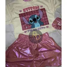 CONJUNTO INFANTIL FEMININO STITCH METALIZADO / SHORT + CROPED + XUXINHA