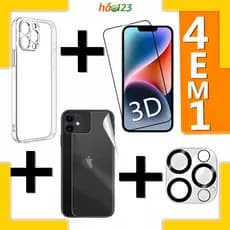 Kit 4em1 Para iPhone 11/12/13/14/15/15Promax | Película de 3D -Película de Traseira -Capa Capinha -Película de Câmera 3D