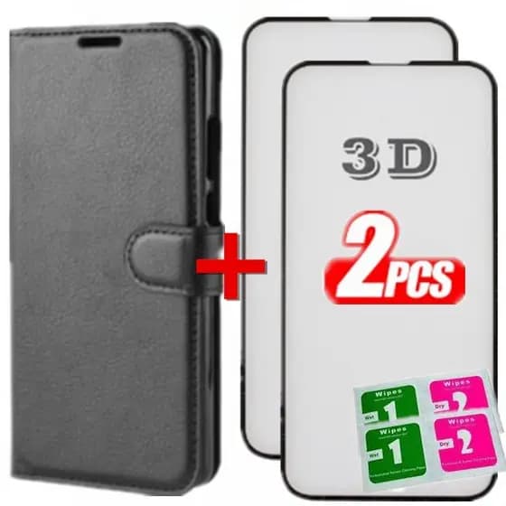 KIT Capa Capinha Carteira Couro + 2Pcs Película 3D Para Samsung A11 A12 A13 A14 A15 A16 A22 A23 A31 A32 A35 Preta