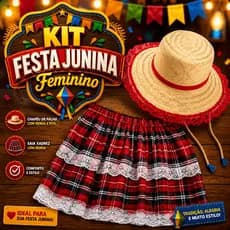 Kit Saia Xadrez Festa Junina Julina Feminina com Chapéu Caipira Adulto Juvenil Festa São João