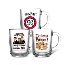 Jogo 3 Canecas Vidro Personalizada Harry Potter Fã Geek Fofa Estampa Colorida P/ Café Chá Resistente