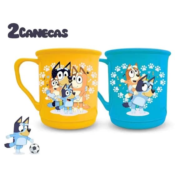 Conjunto 2 Canecas Plásticas Temáticas Bluey Infantil BPA FREE 350ML Personalizado Festa Criança
