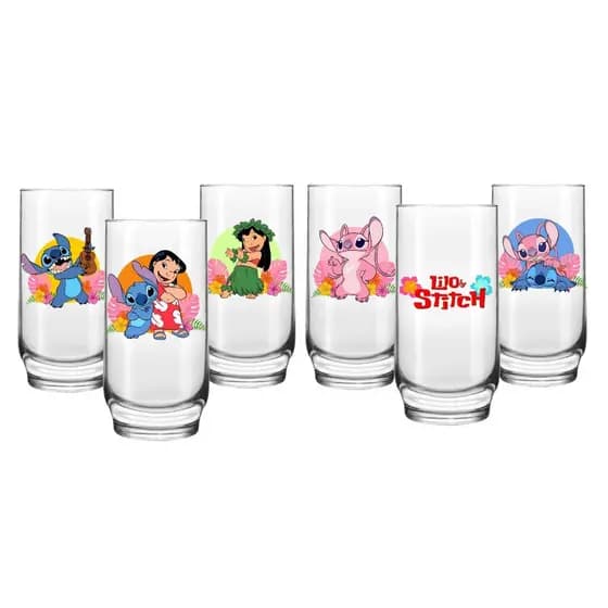 6 Copos De Vidro 300ml Personalizados Lilo & Stitch Personagens Coloridos Hawaii Alta Durabilidade