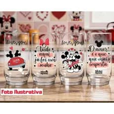 Kit 4 Copos Personalizados Estampa Mickey e Minnie 300ml Vidro Estampa Alto Relevo Com Frase