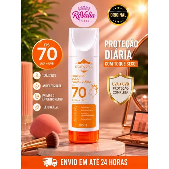 Protetor Solar Facial FPS 70 Ecenzya Gold Anti Oleosidade Toque Seco UVA UVB Uso Diário 150ml